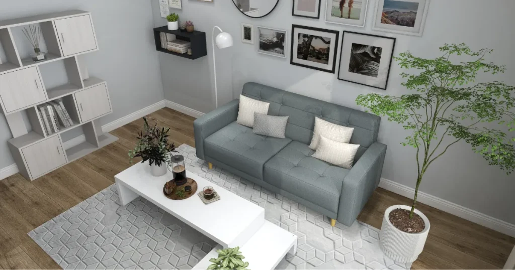 グレーのソファと白い家具のあるリビング