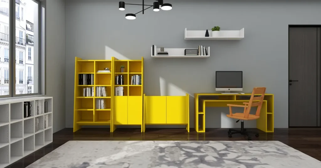黄色い家具が映えるおしゃれな部屋